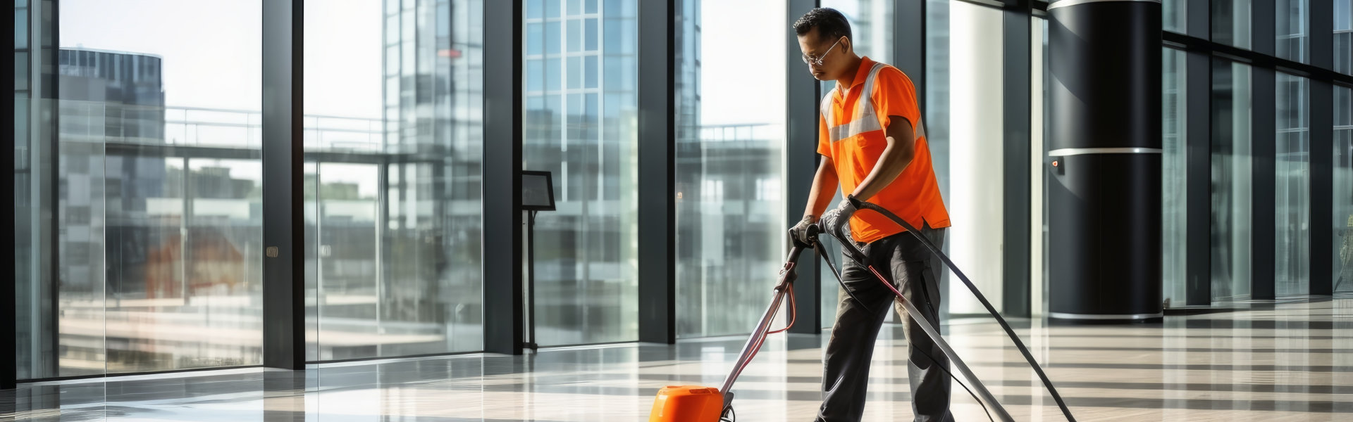 a building cleaner at work in an office building.